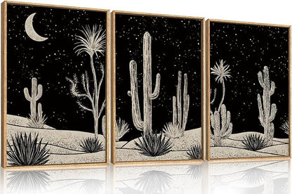 Desert Night Cactus Framed Wall Art Set,Modern Southwestern Black and White Wall Decor,Nature Rustic Moon and Stars Artwork for Living Room,Bedroom-16 x24 x3