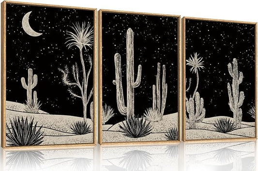 Desert Night Cactus Framed Wall Art Set,Modern Southwestern Black and White Wall Decor,Nature Rustic Moon and Stars Artwork for Living Room,Bedroom-16 x24 x3
