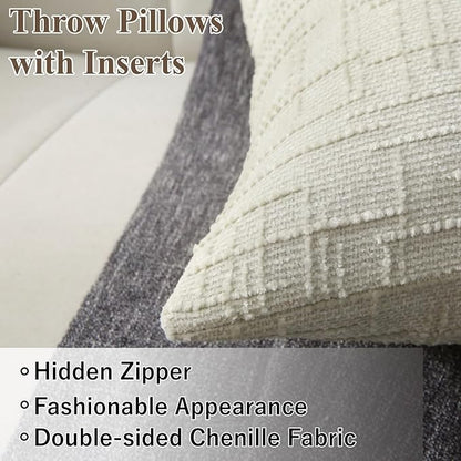 18" x 18" Decorative Throw Pillow with Inserts, Set of 2 Soft Modern Farmhouse Throw Pillows, Square Boho Pillow for Couch, Bed, Sofa Decor (White, 18" x 18"(Pack of 2))