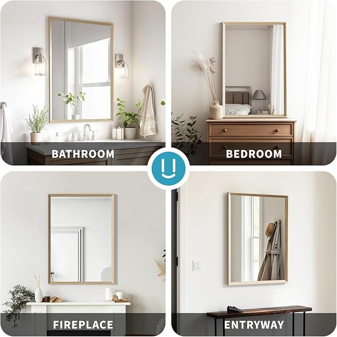 Oak Wood Effect Framed Wall Mirror, 36x40 Rectangle Mirror, Anti-desilvering Tempered Glass, Sustainable& Sturdy Frame, Farmhouse Mirror, Anti-Rust, 3min Fast Setup for Bathroom Living Room