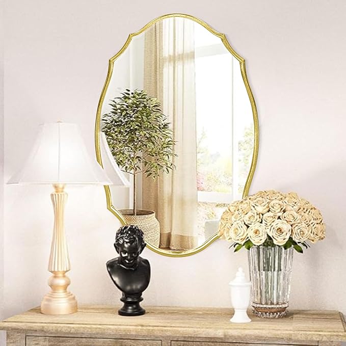 36''x24'' Wood Framed Gold Vintage Mirror, Large Antique Mirrors for Wall, Rustic Thick Frame Polygon Oval Mirror Decor Bathroom Living Room Entryway Stairway Kitchen (Gold)