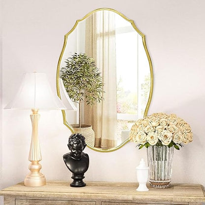36''x24'' Wood Framed Gold Vintage Mirror, Large Antique Mirrors for Wall, Rustic Thick Frame Polygon Oval Mirror Decor Bathroom Living Room Entryway Stairway Kitchen (Gold)
