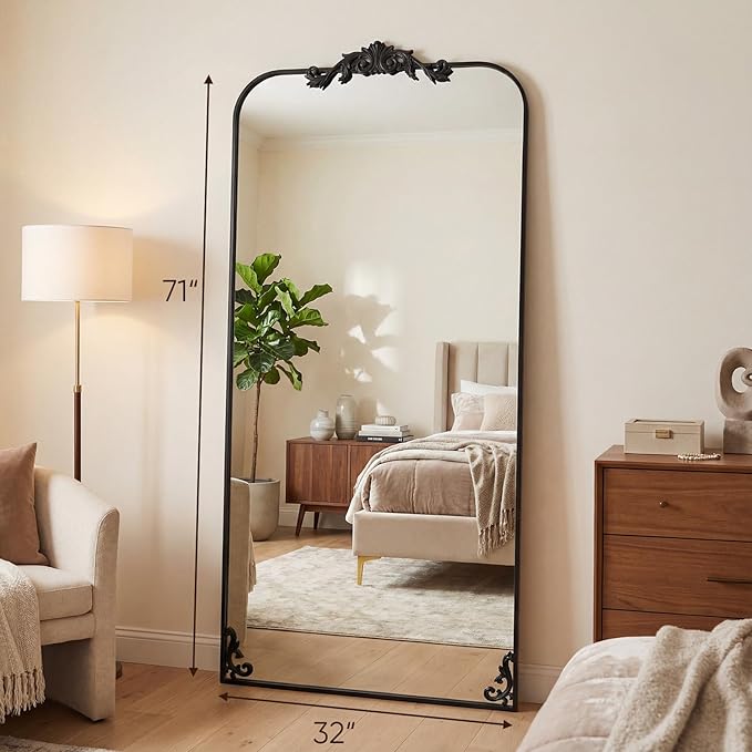 Antok Arched Full Length Mirror, 71"x32" Floor Mirror with Carved, Full Body Mirrors for HomeDecor, Standing/Halling Large Wall Mirror for Bedroom, Living Room, Cloakroom, Black, Luxury Style
