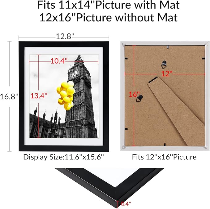 12x16 Picture Frames Set of 6 with Plexiglass, Display Pictures 11x14 with Mat or 12x16 Without Mat for Tabletop Display and Wall Mounting，Black