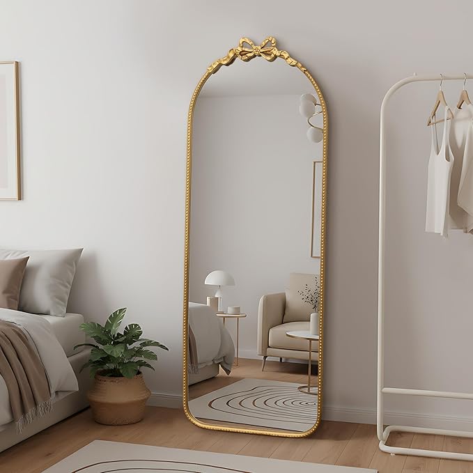Besdomus Gold Full Length Mirror: 21"x56" Modern Bow Arched Floor Full Body Long Beaded Mirror - Baroque Traditional Ornate for Entryway/Cloakroom/Bedroom/Hallway - Ideal for Fashion Conscious Women