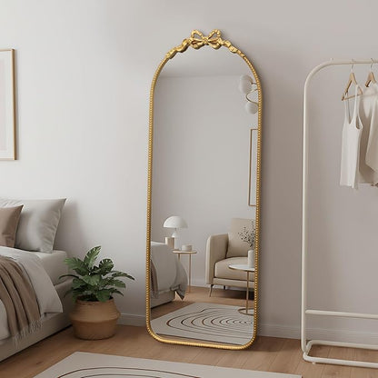 Besdomus Gold Full Length Mirror: 21"x56" Modern Bow Arched Floor Full Body Long Beaded Mirror - Baroque Traditional Ornate for Entryway/Cloakroom/Bedroom/Hallway - Ideal for Fashion Conscious Women