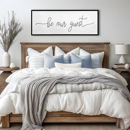 Be Our Guest Wall Decor Sign 40''×15'' Large Rustic Farmhouse Family Guest Room Bedroom Above Bed Vintage Framed Wooden Wall Art Modern Signs Simple Entryway Hanging Decoration (Black)
