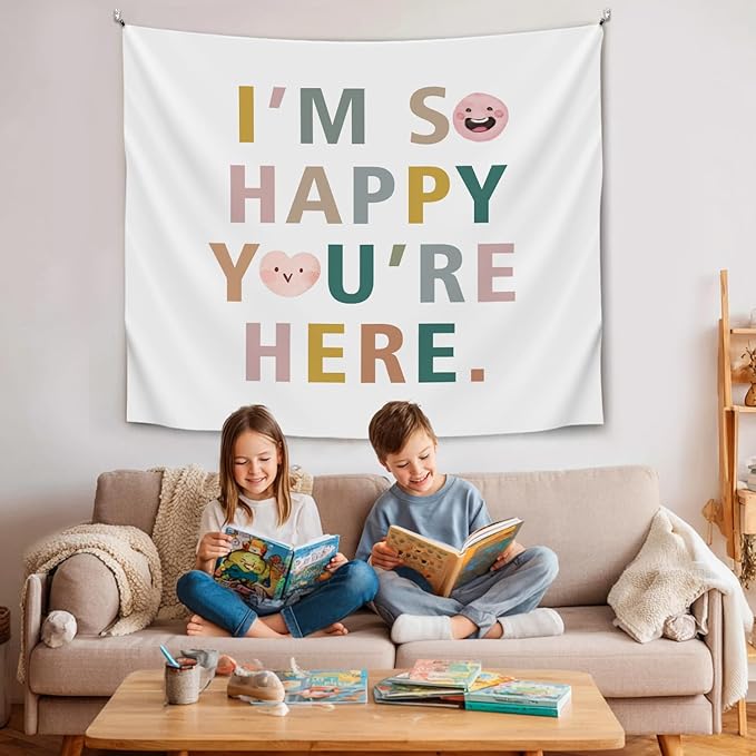 Soft Flannel Wall Tapestry – I'M So Happy You're Here,Inspirational Welcome Tapestry Wall Hanging Decor for Living Room Bedroom,Birthday Party Wall Art Decoration, 59x51 inch(Colorful-I am so happy)