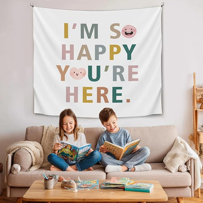 Soft Flannel Wall Tapestry – I'M So Happy You're Here,Inspirational Welcome Tapestry Wall Hanging Decor for Living Room Bedroom,Birthday Party Wall Art Decoration, 59x51 inch(Colorful-I am so happy)