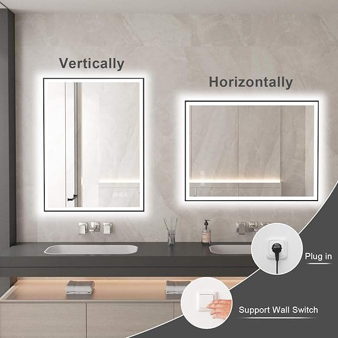 24x32 inches Rectangular Aluminum Black Framed LED Mirror, Smart Bathroom Mirror with Lights, Anti-Fog, Tempered Glass, 3 Colors Dimmable, Front and Backlit, Wall Mounted, Memory