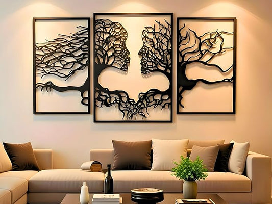 VAILLA Tree of Life Wall Wooden Art Abstract Tree Man Woman Face Large 3D Wooden Wall Decor Set of 3 Hanging Sculpture Modern Home Decoration 3D Textured Sculptures for Living Room Bedroom Office Dinnig Room (71"L x 39"W)