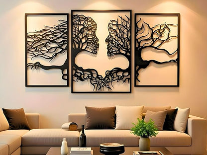 VAILLA Tree of Life Wall Wooden Art Abstract Tree Man Woman Face Large 3D Wooden Wall Decor Set of 3 Hanging Sculpture Modern Home Decoration 3D Textured Sculptures for Living Room Bedroom Office Dinnig Room