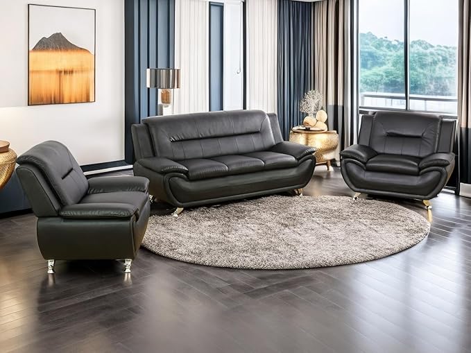 Leather Sofa Set (3-Piece, B-Leather Black) - Living Room Furniture for Apartment, Minimalist Style Material, Easy Assembly