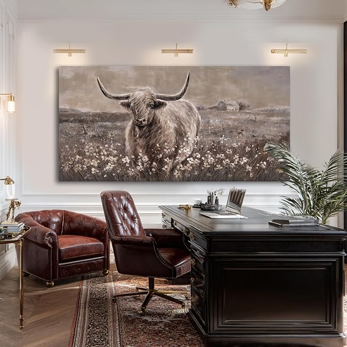 Neutral Beige and Brown Highland Cow Canvas Wall Art - 29x58 Inch Large Framed Painting for Modern Living Room, Rustic Bedroom, Farmhouse Office, Vintage Home Decor