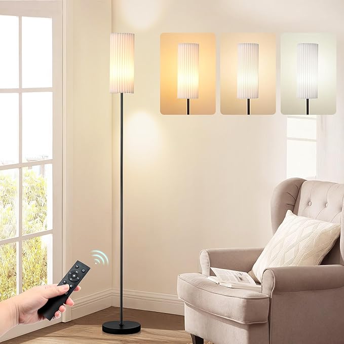 68" Modern Floor Lamp with 3 Color Temperatures, Foot Switch, Linen Shade & Black Metal Pole – Tall Standing Lamp for Living Room, Bedroom, or Office – LED Bulb Included, Easy Assembly (White)