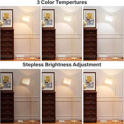 Ambimall 60" Gold Floor Lamp with Remote Control and Stepless Dimmable Bulb, Colors Temperature & Brightness Adjustable, Modern Floor Lamps for Living Room, White Shade & Gold Pole