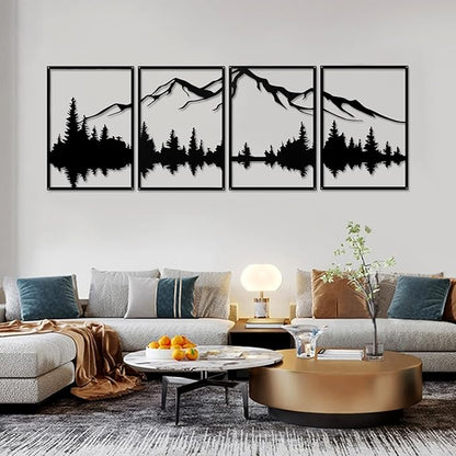 YIYA 4 Pcs Mountain Metal Wall Art - Large Forest Decorative Black Metal Wall Decor - Vertical Wall Sculptures for Home, Living Room, Bedroom (landscape-2)