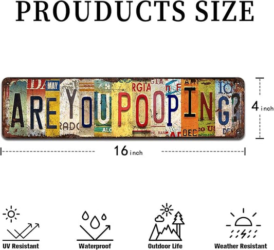 Are You Pooping - Humorous Metal Tin Sign - Rustic Bathroom Wall Art for Home, Cabin, Farmhouse Décor - 4x16 Inch
