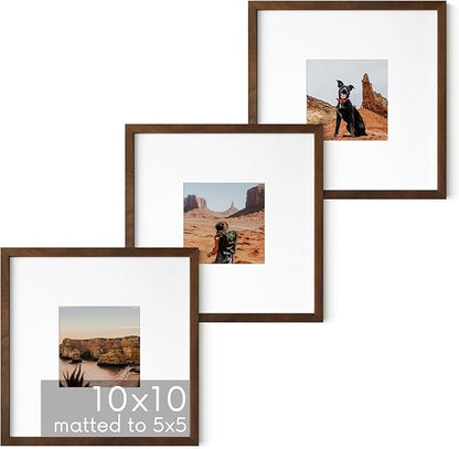 HAUS AND HUES Walnut Oak Wood 10x10 Picture Frames - Set of 3, Square Frames with Mat, Minimalist Frames for Wall Art and Prints (10x10 in, Walnut, Set of 3)