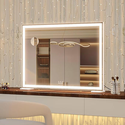ANYHI Large Vanity Mirror with Lights, 36.2" x 26.8" Hollywood Lighted Vanity Mirror, 10X Magnification, Smart Touch Control, 3 Color Modes, Memory Function,USB Charging, Tabletop or Wall Mount, White