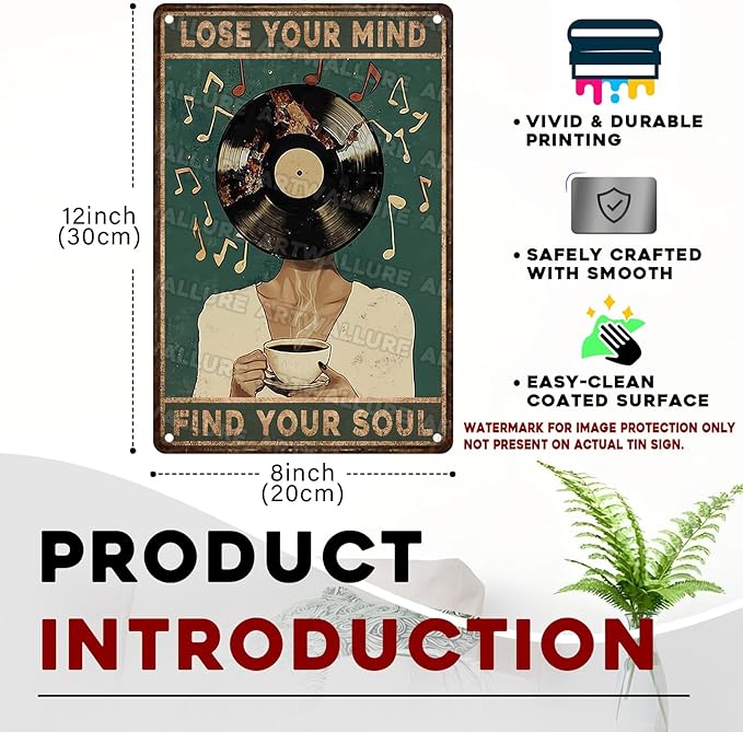 Metal Tin Sign Lose Your Mind Find Your Soul Funny Coffee Music Wall Art Decor For Cafe Bar Vinyl Records Rustic Plaque 8x12inch
