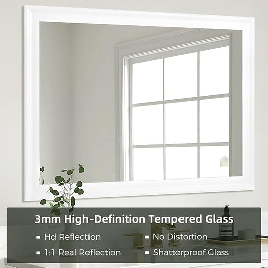 Rectangle Mirrors for Wall 30x40 Inch, White Wood Framed Bathroom Mirror with Tempered Glass for Bedroom Living Room Office or Hallway (White, 30x40 in)