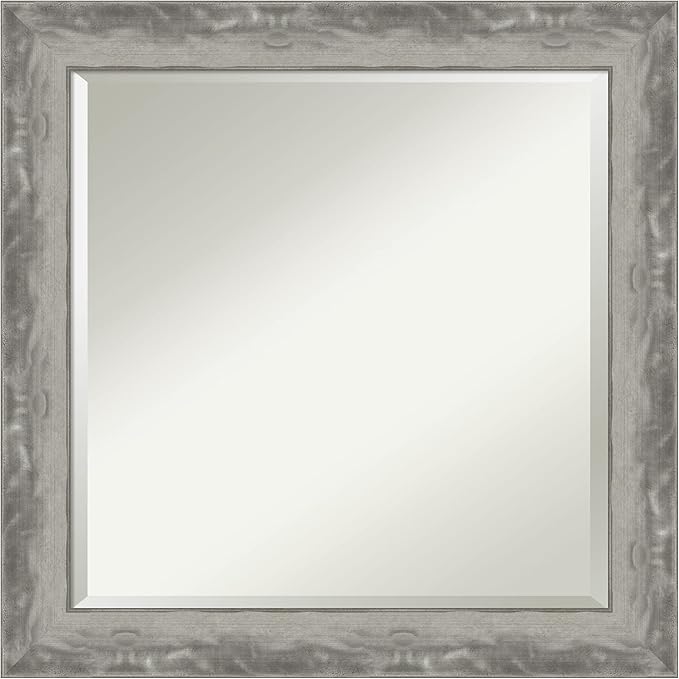 Amanti Art Silver Bathroom Mirror for Over Sink, 25x25 Waveline Silver Narrow Square Vanity Mirror, Medium Casual Frame, Hangs Horizonally and Vertically, Bathroom Wall Decor, Beveled Edge