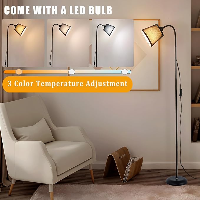 Floor Lamp, Industrial Metal Floor Lamps for Living Room with Adjustable Bendable 2 in 1 Reading Table Lamps for Living Room Bedroom Office (B+Black Shade)