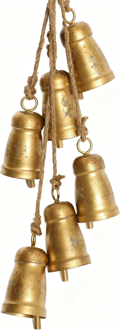 Vintage Gold Metal Cow Bell Garland, Set of 6 Handmade Hanging Bells with Jute Rope, Rustic Farmhouse Ranch-Style Distressed Bells for Porch Wreath Walls Mantels Patio Xmas Décor
