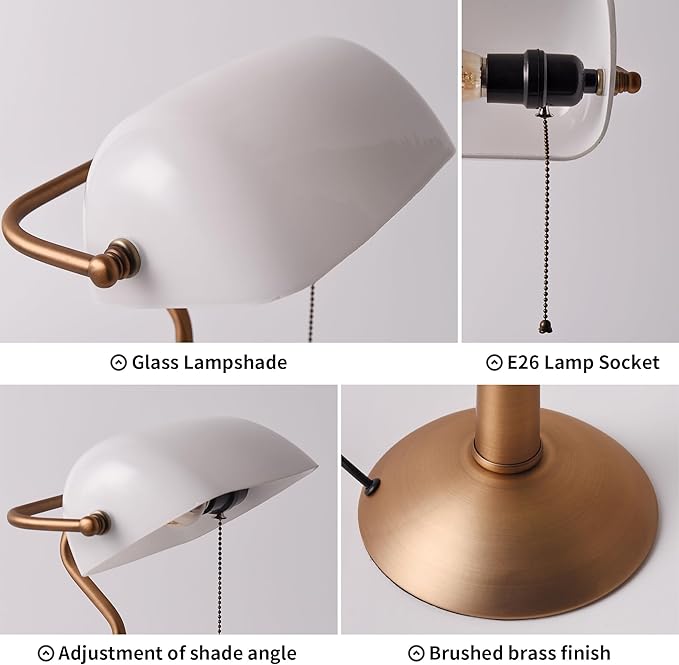 COSYLUX Tall Bankers Lamp, Vintage Sleek Glass Shade Table Lamp with Pull Switch, Antique Bronze Metal Bankers Desk Lamp for Office, Study Room, End Table, Bedside (White)