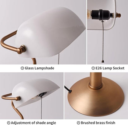 COSYLUX Tall Bankers Lamp, Vintage Sleek Glass Shade Table Lamp with Pull Switch, Antique Bronze Metal Bankers Desk Lamp for Office, Study Room, End Table, Bedside (White)