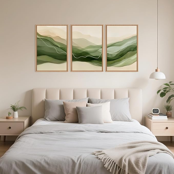 Large Abstract Smoke Waves Framed Canvas Wall Art Set,Ink Minimalist Green Beige Wall Decor,Watercolor Modern Neutral Lines Artwork for Living Room,Bedroom,Office-16 x24 x3