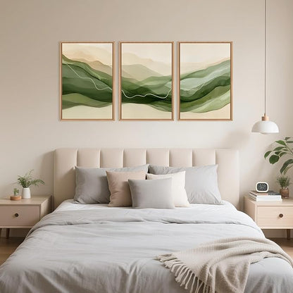 Large Abstract Smoke Waves Framed Canvas Wall Art Set,Ink Minimalist Green Beige Wall Decor,Watercolor Modern Neutral Lines Artwork for Living Room,Bedroom,Office-16 x24 x3