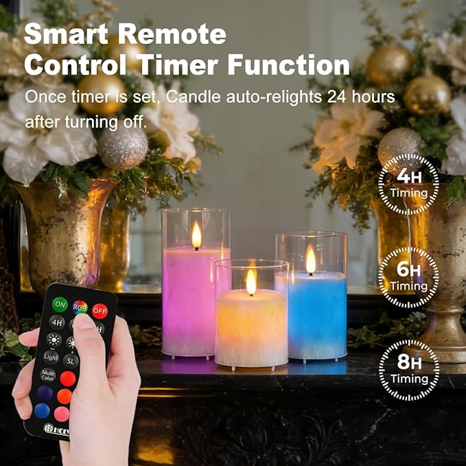 LEDHOLYT Rechargeable Ice Crystal Glass Flameless Candles, RGB Color Changing Realistic Flickering Flameless Candles with Remote & Timer,Best Festival Wedding Home Party Decor - Set of 3