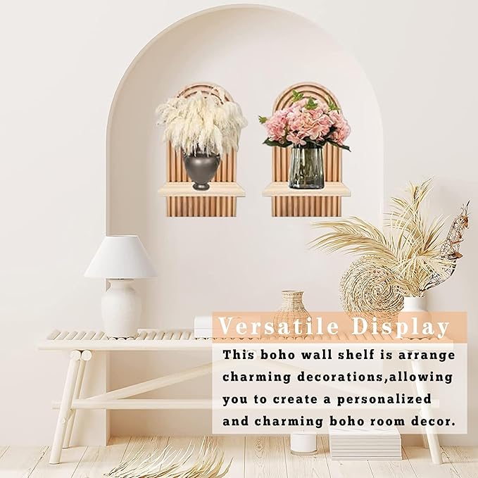 LIYAOLI Boho Wall Shelf Set of 2-15 x 8.6 Inch Arched Wooden Hanging Shelves for Living Room & Bedroom - Mid-Century Modern Bohemian Wall Decor (Natural Wood Finish)