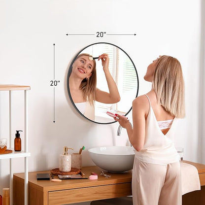 NEWBULIG 20 Inch Round Wall Mirror, Bathroom Mirror for Over Sink, Matte Metal Framed Circle Vanity Mirror, Wall Decor for Bedroom, Anti-Rust, Tempered Glass, Hanging or Leaning, Classic Black