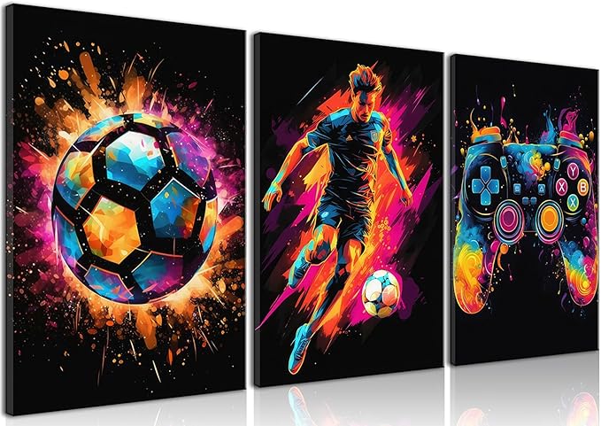 BGFCE Canvas Wall Art Poster Decor, Paintings Art Game Controller Color Splash Ink Canvas Painting, Posters for Room Aesthetic, Soccer Wall Art for Boys Room Decor 12x16 - Unframed Set of 3