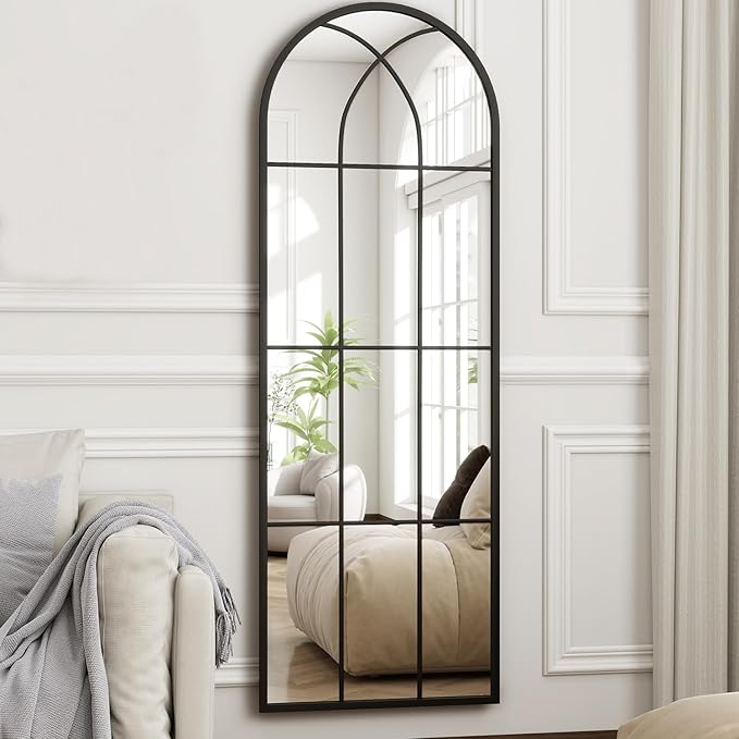 65"x 22" Arched Full Length Window Wall Mirror,Winndow Pane Mirror, Farmhouse Arched-Top Mirror with Metal Framed, Rustic Decorative Mirrors - Black