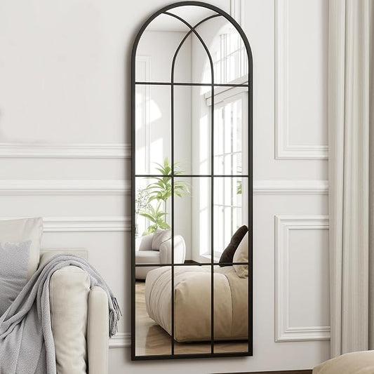 65"x 22" Arched Full Length Window Wall Mirror,Winndow Pane Mirror, Farmhouse Arched-Top Mirror with Metal Framed, Rustic Decorative Mirrors - Black