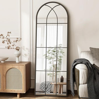 65"x 22" Arched Full Length Window Wall Mirror,Winndow Pane Mirror, Farmhouse Arched-Top Mirror with Metal Framed, Rustic Decorative Mirrors - Black