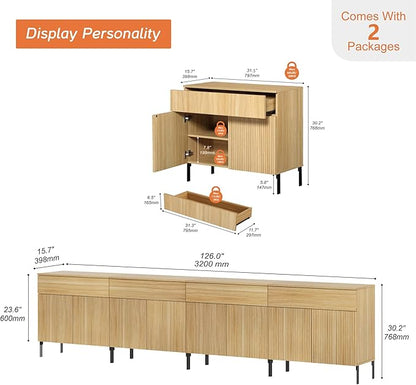 WAMPAT Large Fluted TV Stand TVs up to 120 inch, 126" W Modern TV Entertainment Center with Storage Cabinets and 4 Drawers & 8 Doors, Wood Media TV Console Table with Storage for Living Room, Oak