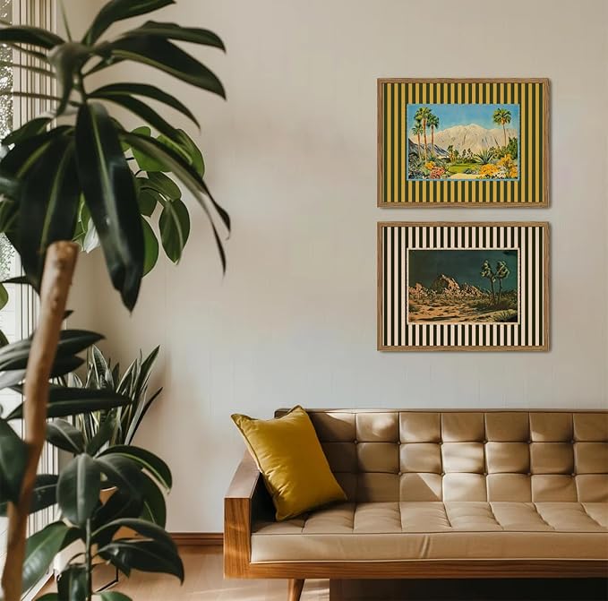 Framed Vintage Western Nature Landscape Wall Art Set of 3, Striped Postcards Southwest Desert Cactus Pictures Wall Decor Paintings, Boho Plant Canvas Prints for Living Room Bedroom Office 12x16 inch