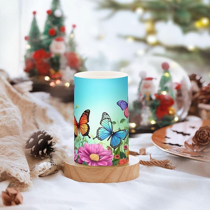 ALAZA Spring Color Butterflies Flowers Flickering Flameless Candles Battery Operated with Remote Timer,Tea Light Candles LED Pillar Votive Candles Set of 2 for Outdoor Indoor Decorations