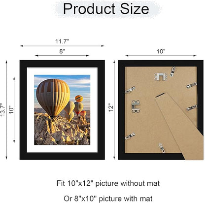 iRahmen 10x12 Picture Frame with Mat 8x10 - High Definition Tempered Glass Wooden Photo Frames for Tabletop Display and Wall Mounting (Pure Black, Set of 2)