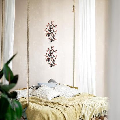 Meltset Metal Tree Leaf Wall Decor, Vine Olive Leaf Branch Wall Art, Wrought Iron Scroll Artwork, Decorative Wall Sculptures Above The Bed, Living Room, Hallway, Indoor and Outdoor（S/Red）