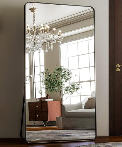 HARRITPURE 80"x40" Oversized Full Length Mirror - Rectangular Black Aluminum Frame Floor Mirror with Stand for Bedroom, Living Room, Cloakroom, Full Body Reflection