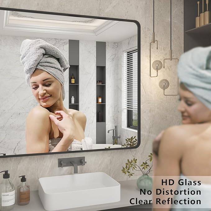 40x30 Black Bathroom Mirror, Matte Framed Bathroom Vanity Mirror for Wall, Modern Rectangle Mirror, Rounded Corners, Tempered Glass (Horizontally/Vertically)