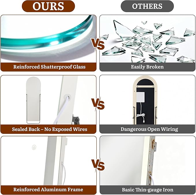Full Length Mirror with LED Lights, 63"×20" Floor Mirror with Stand, Full Body Mirror with 3 Color Lighting Modes, Wall Mounted Mirror with Brighter Lighting Strip for Bedroom/Dressing Room