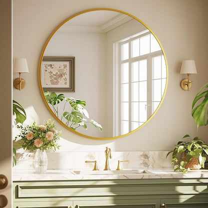 XRAMFY 42 Inch Round Gold Metal Wall Mirror - Stylish Circle Mirror for Entryway, Bathroom, and Living Room Decor | Matte Gold Circle Wall Mirror