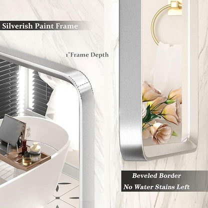 48x36 Inch Silver Bathroom Mirror for Wall, Silver Metal Framed Bathroom Vanity Mirror, Modern Rounded Rectangle Mirror, Shatterproof, Anti-Rust (Horizontal/Vertical)